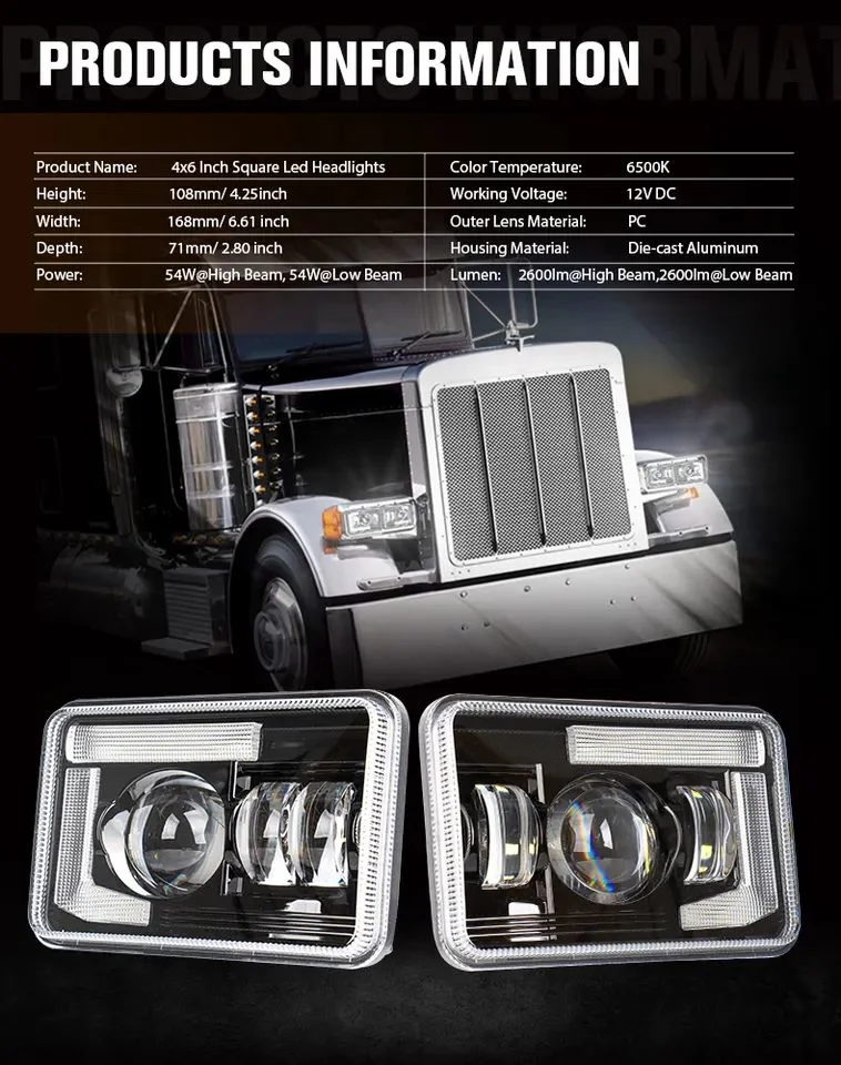 T400 T600 T800 4X6 Brightest Sealed Beam LED Truck Headlights for Chevrolet Chevy Camaro Mustang Pontiac Kenworth T880 Headlight